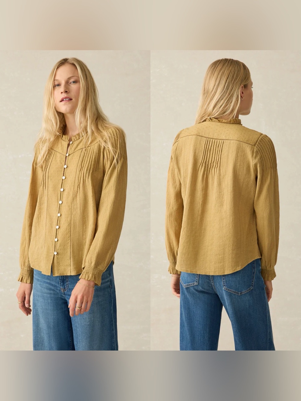 Faherty Lily Top Women's Mustard Long-Sleeve Button Front Blouse